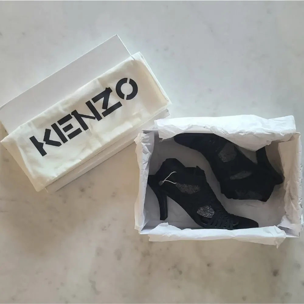KENZO Greek Cutout Braided Leather Heeled Sandals Black US8 NIB
